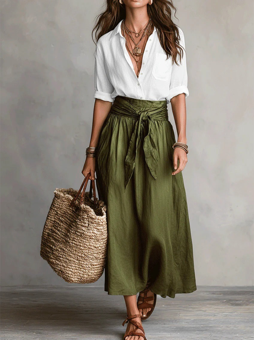 Vera™ | Two-Piece Set: Black Top and Olive Green Midi Skirt