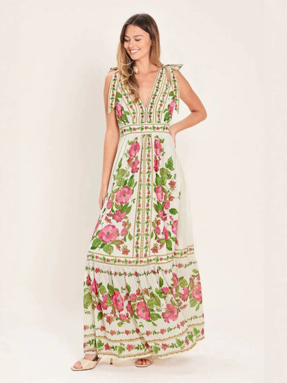 Floral rose vine print maxi dress - green