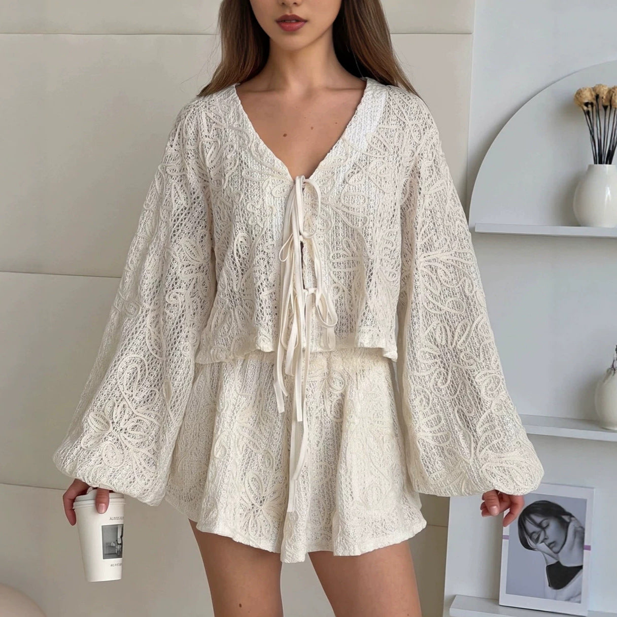 Vacation Jacquard Tie-Waist Cardigan Top & Shorts Two-Piece Set