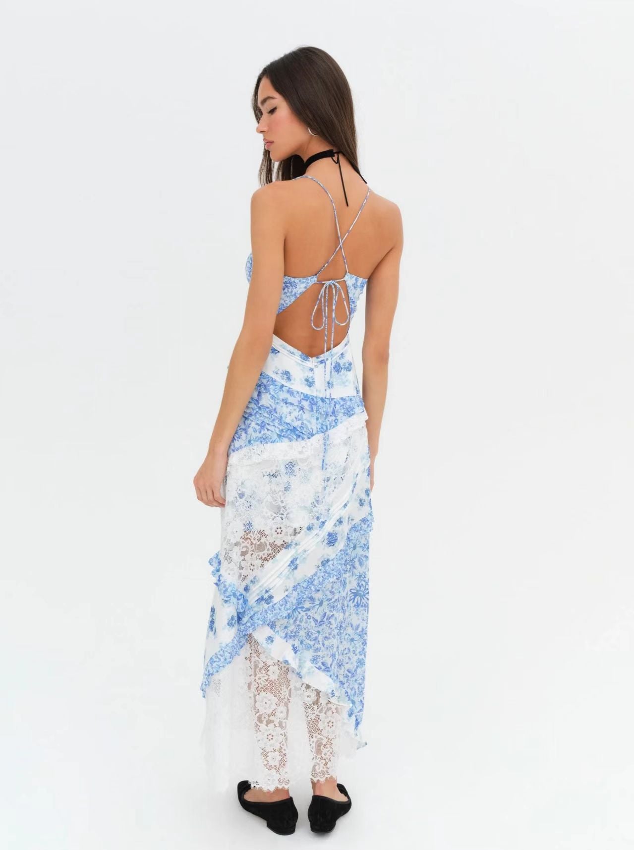 Hollow-out deep V-neck ruffled floral backless maxi dress