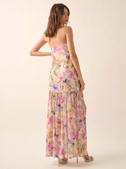 off-shoulder floral print high slit pleated mesh maxi dress