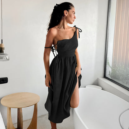 cotton linen backless strap midi dress