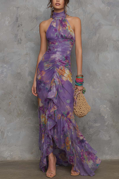 Purple Floral Halter Ruched Maxi Dress