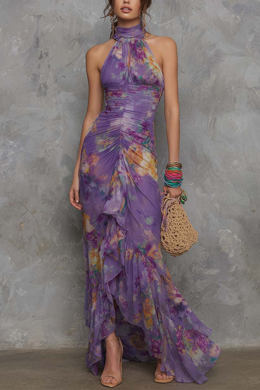 Purple Floral Halter Ruched Maxi Dress