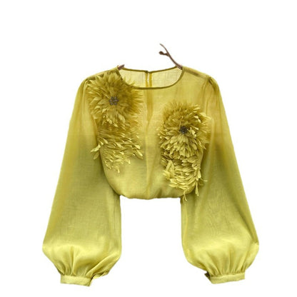 3D floral puff sleeve tulle shirt