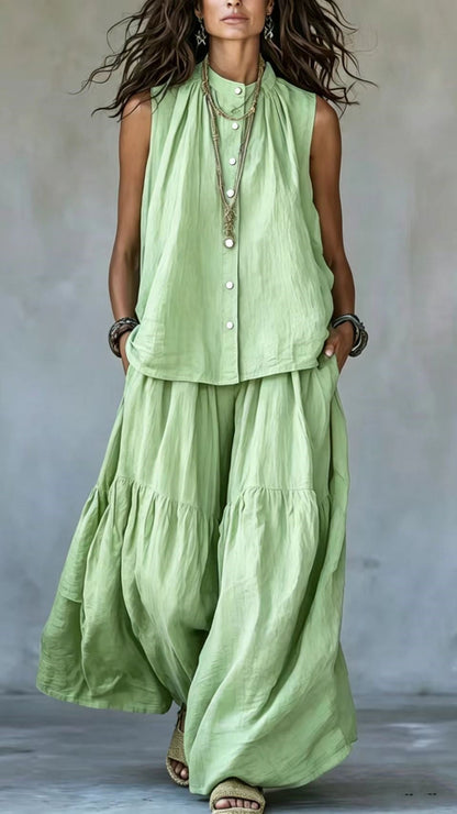 Stand-Collar, Sleeveless Top with Front Placket &amp; Wide-Leg Pants