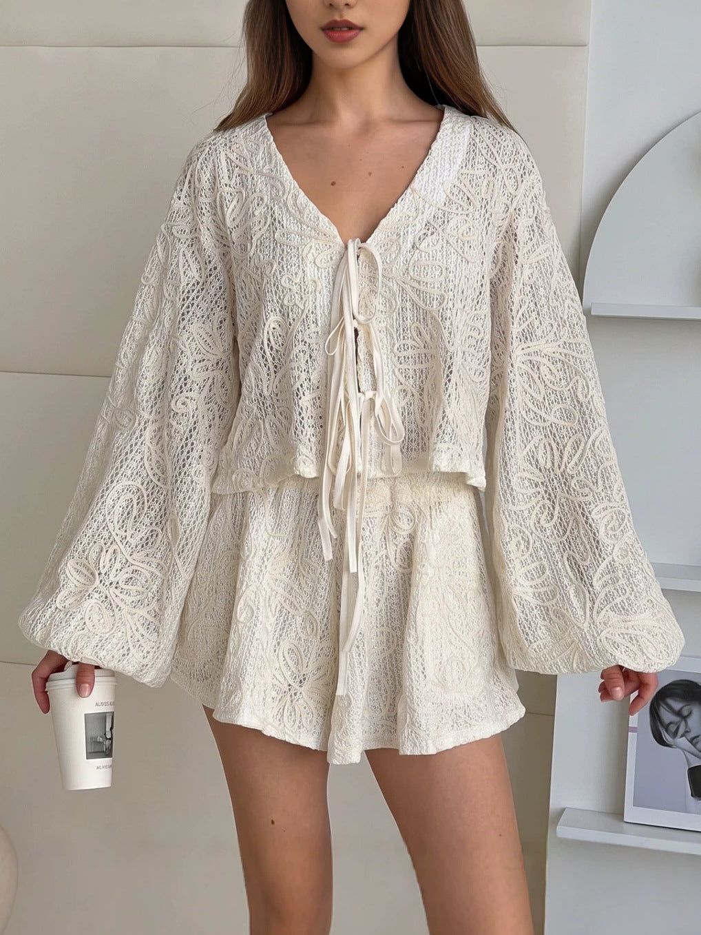 Vacation Jacquard Tie-Waist Cardigan Top & Shorts Two-Piece Set