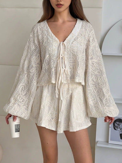 Vacation Jacquard Tie-Waist Cardigan Top & Shorts Two-Piece Set