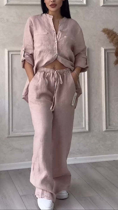 Women's Casual Cotton-Linen Solid-Color Shirt & Drawstring Wide-Leg Pants Two-Piece Set
