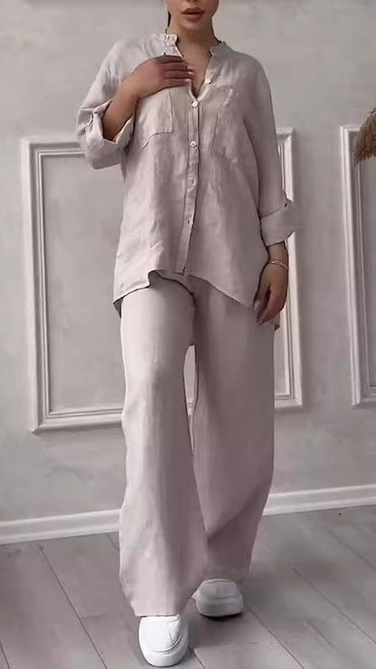 Women's Casual Cotton-Linen Solid-Color Shirt & Drawstring Wide-Leg Pants Two-Piece Set