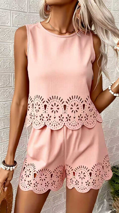 Elegant Hollow-Out Design Short-Sleeve Top and Shorts Two-Piece Set