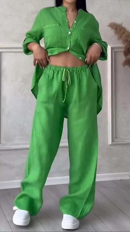 Women's Casual Cotton-Linen Solid-Color Shirt & Drawstring Wide-Leg Pants Two-Piece Set