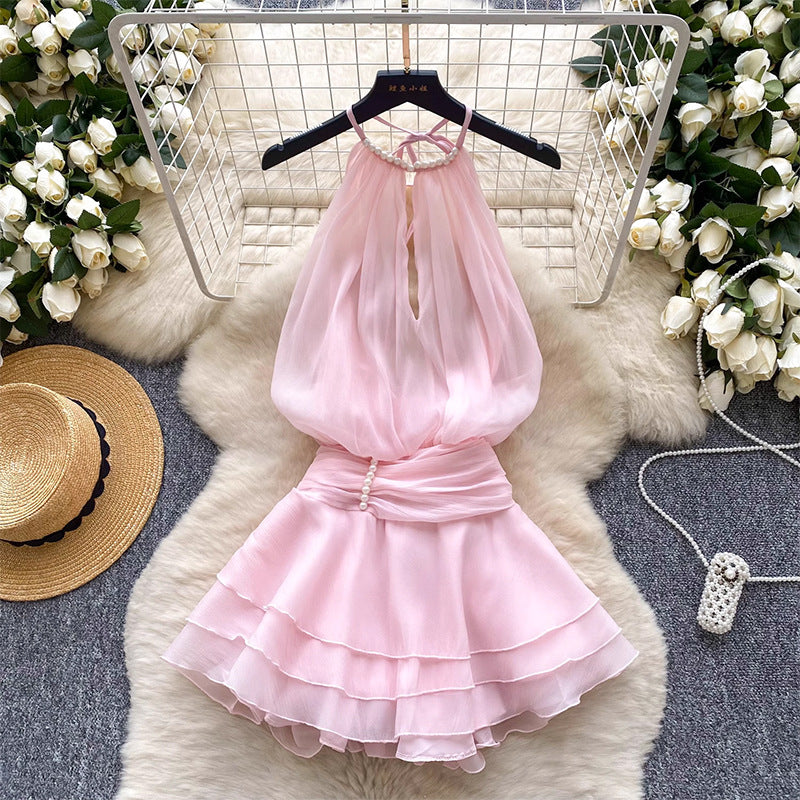 Halter neck beaded mini dress with ruffled chiffon