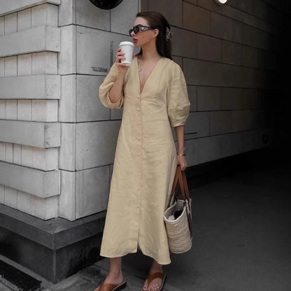 Loose-fitting puff sleeve V-neck cotton linen midi dress
