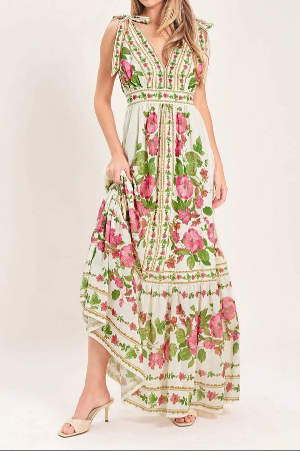 Floral rose vine print maxi dress - green