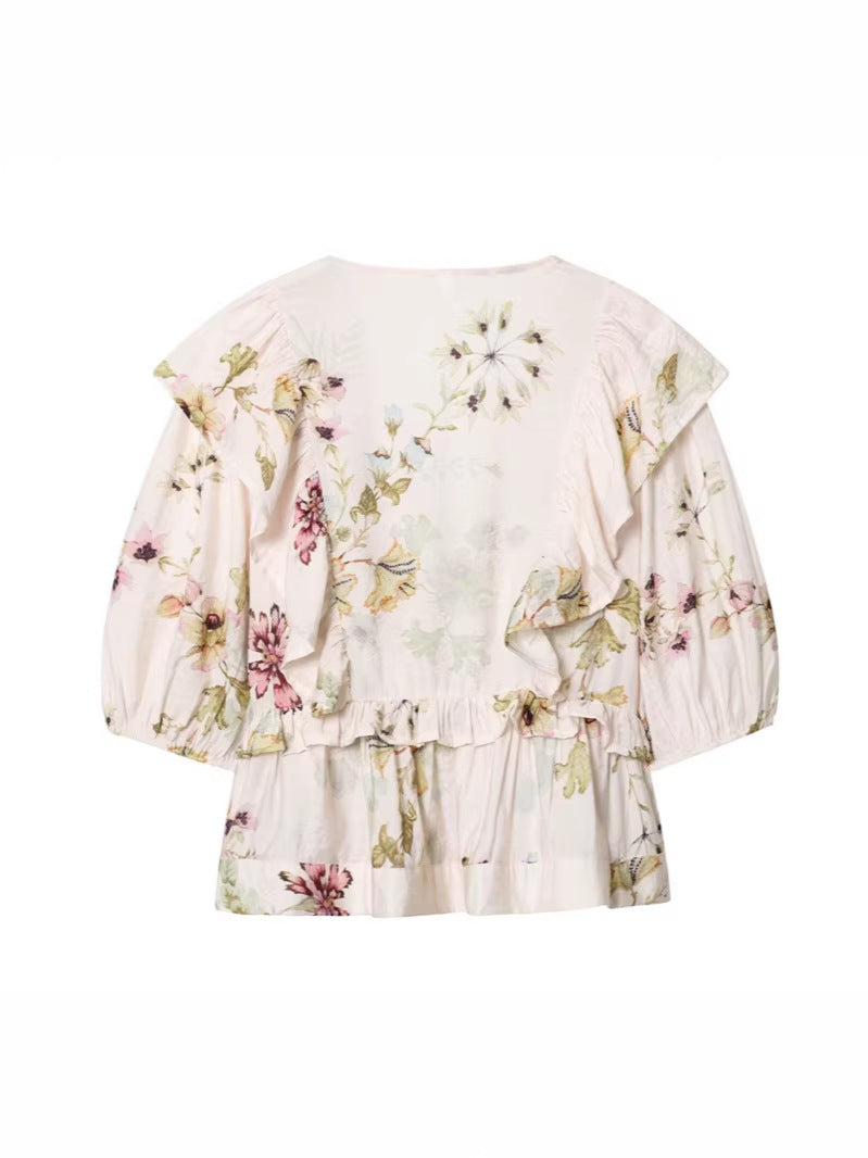 v-neck Linen blend floral shirt
