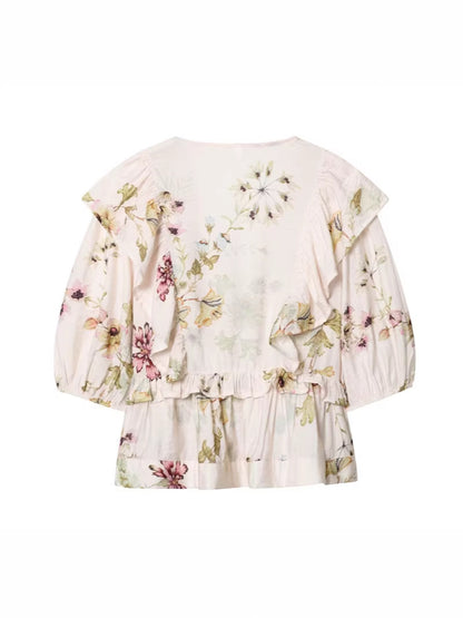 v-neck Linen blend floral shirt