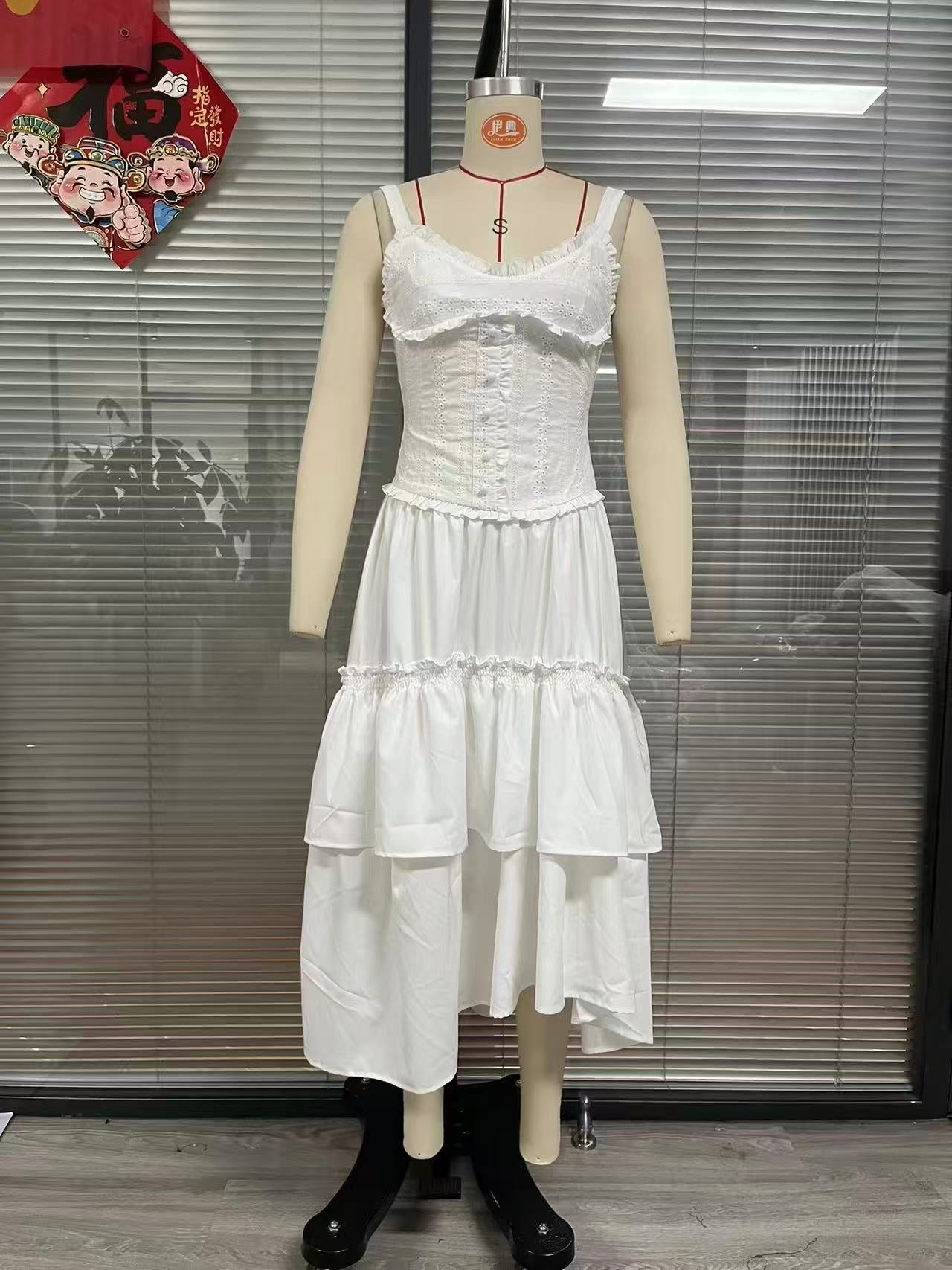 white renee Corset Tiered Midi Dress With Lace-Trim