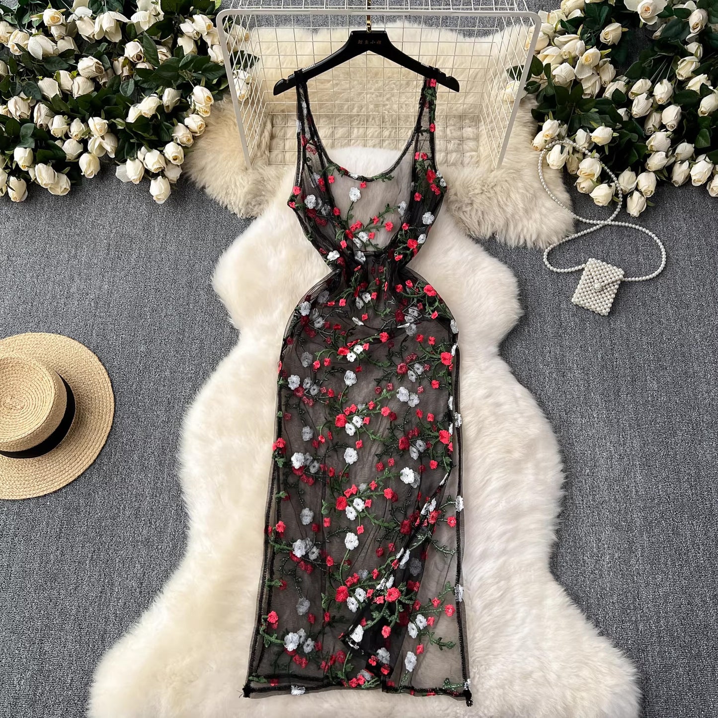 sleeveless embroidery lace mesh midi dress