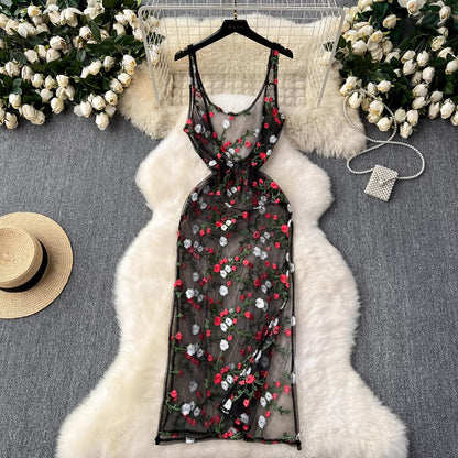 sleeveless embroidery lace mesh midi dress