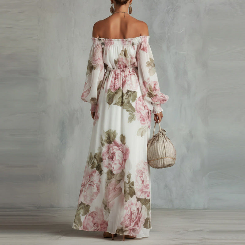 off-shoulder Print lantern sleeve maxi dress