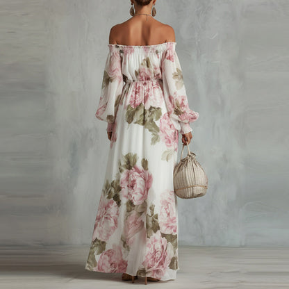 off-shoulder Print lantern sleeve maxi dress