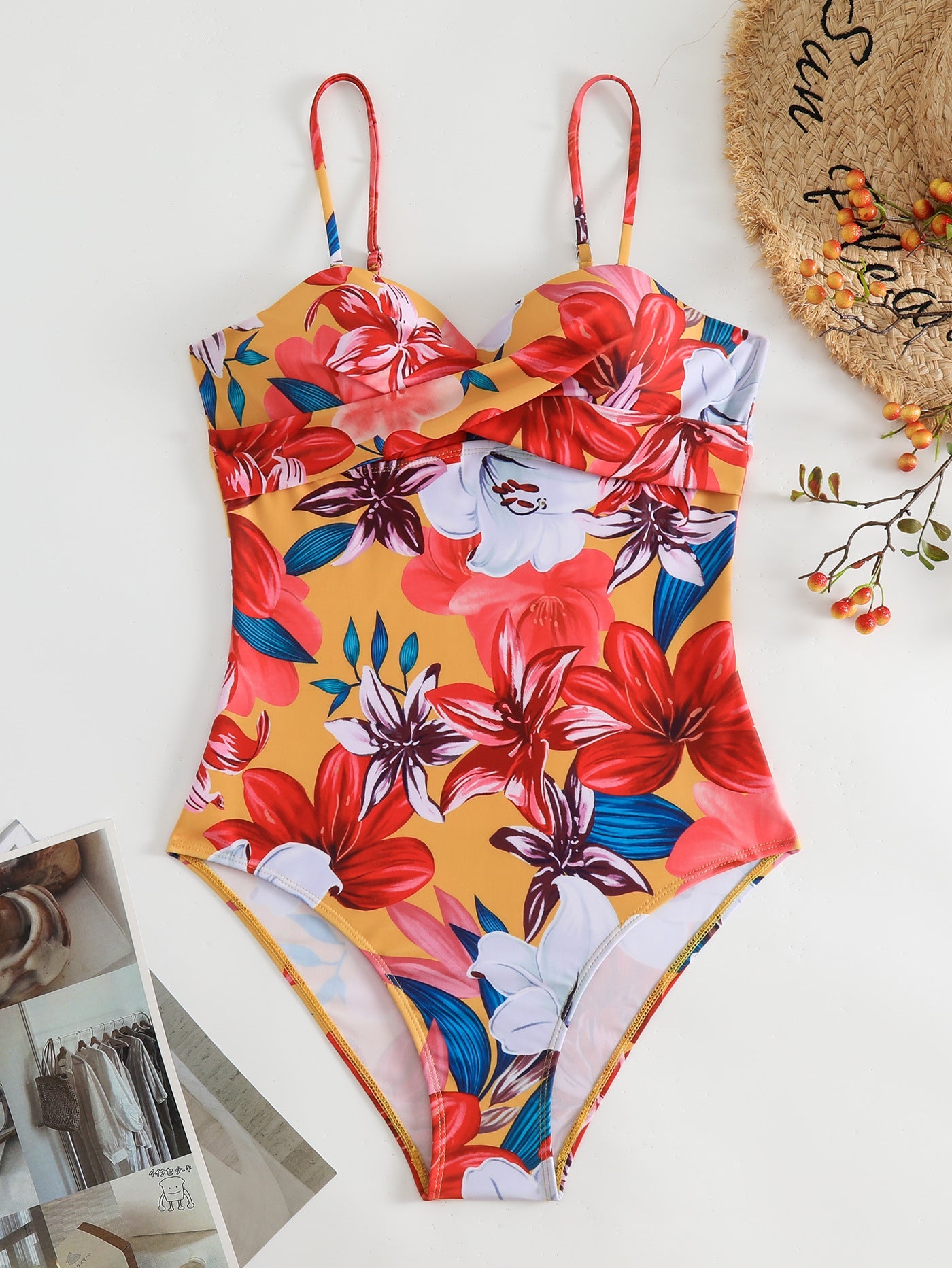 floral pleated strap bikini