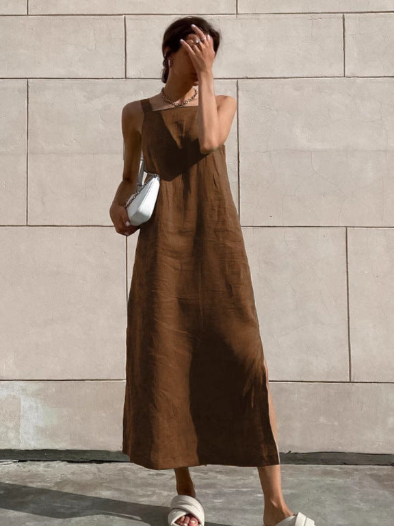 cotton linen side slit strap midi dress