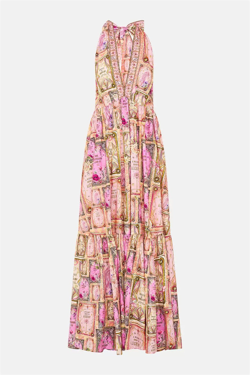 V-neck halter neck printed maxi dress - pink