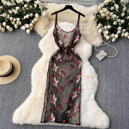 sleeveless embroidery lace mesh midi dress