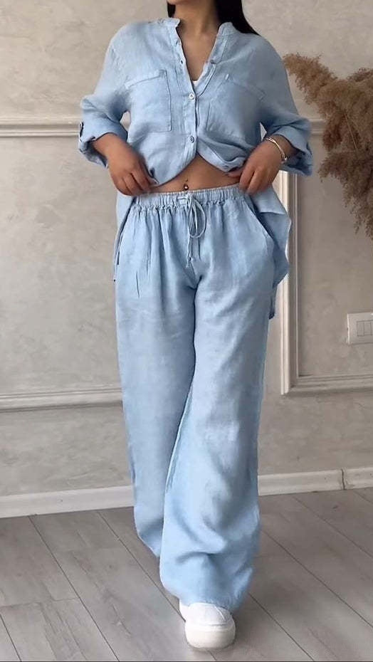 Women's Casual Cotton-Linen Solid-Color Shirt & Drawstring Wide-Leg Pants Two-Piece Set