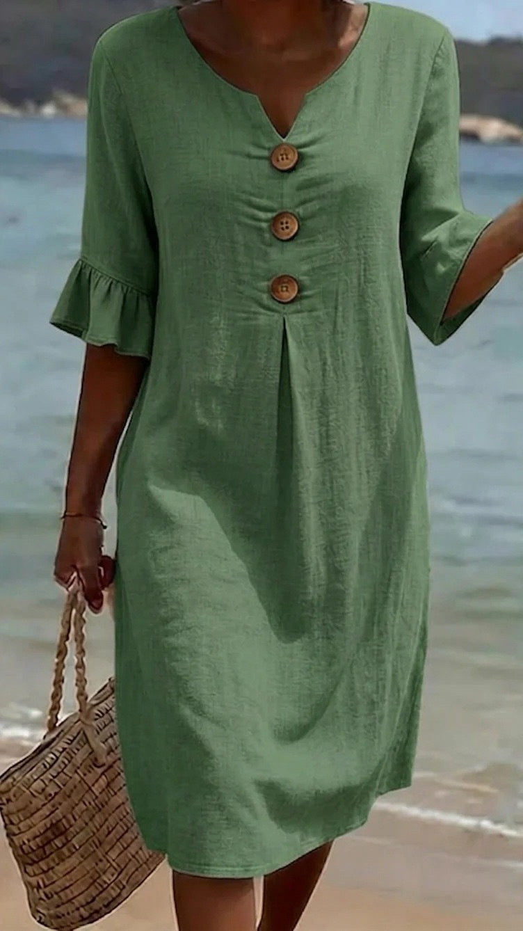 Cotton-Linen Dress with V-Neck, Large Buttons, and Ruffled Sleeves