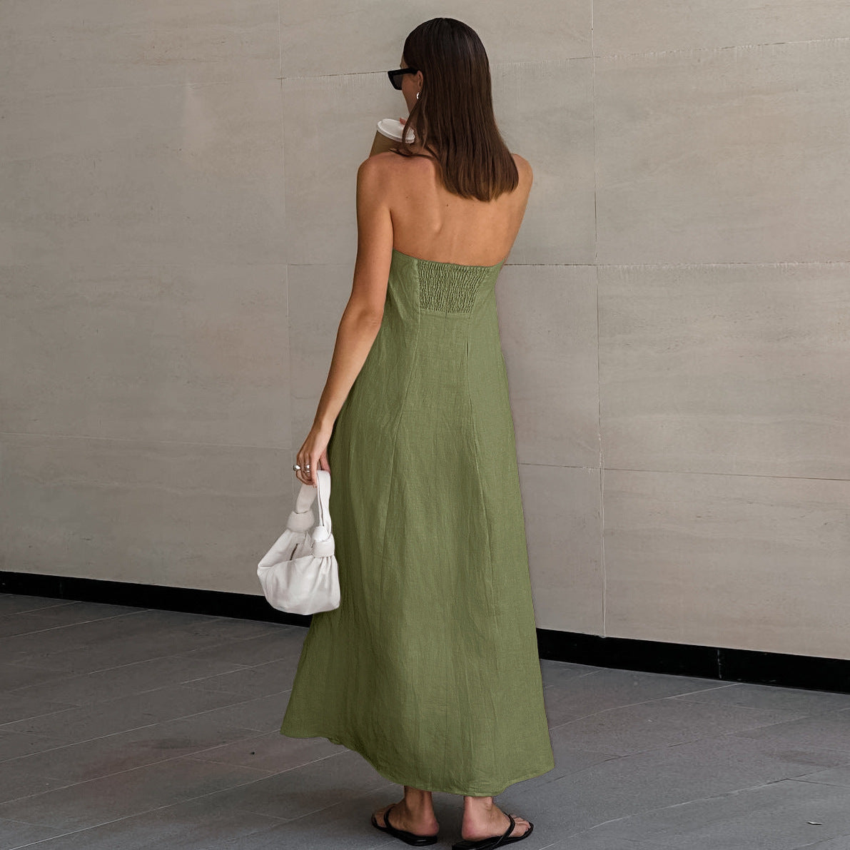 cotton linen strapless A-line midi dress