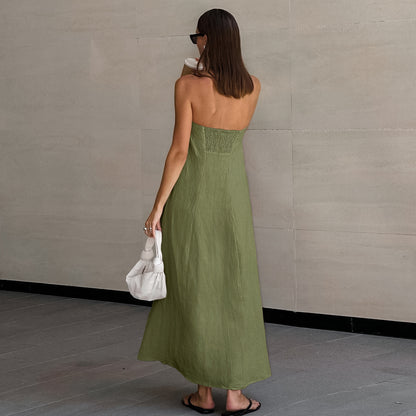 cotton linen strapless A-line midi dress