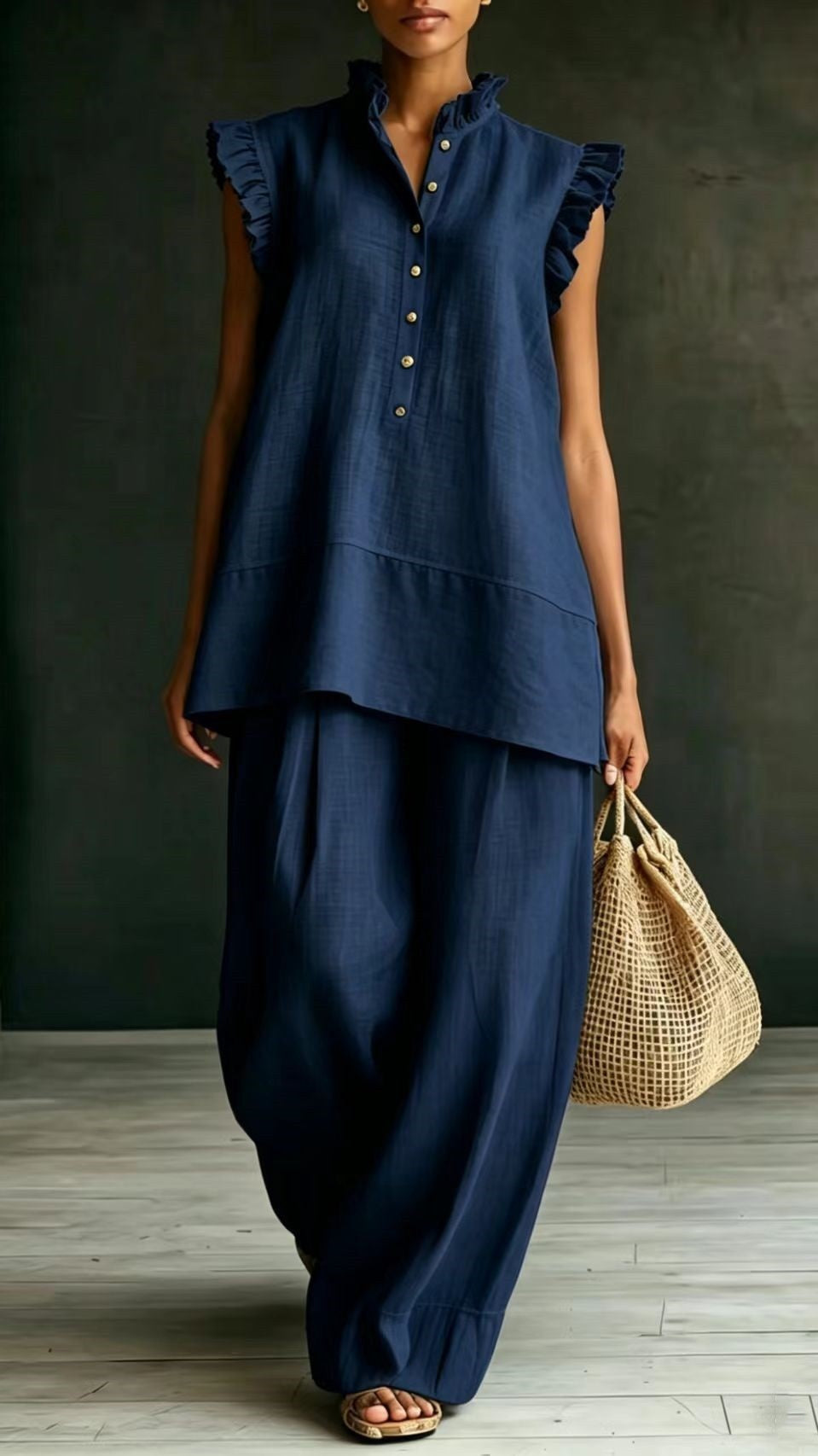 Ruffled Sleeveless Shirt and Loose-Fit Trousers Two-Piece Set