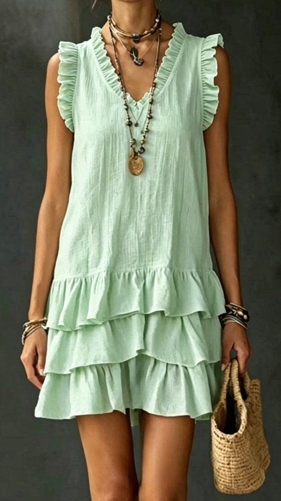 linen ruffle trim sleeve mini dress