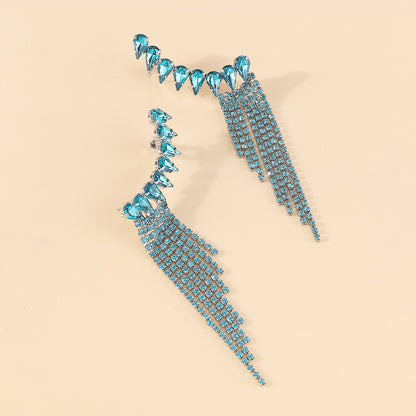 BLUE RHINESTONE TASSEL GEOMETRIC EARRINGS