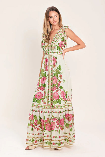 Floral rose vine print maxi dress - green