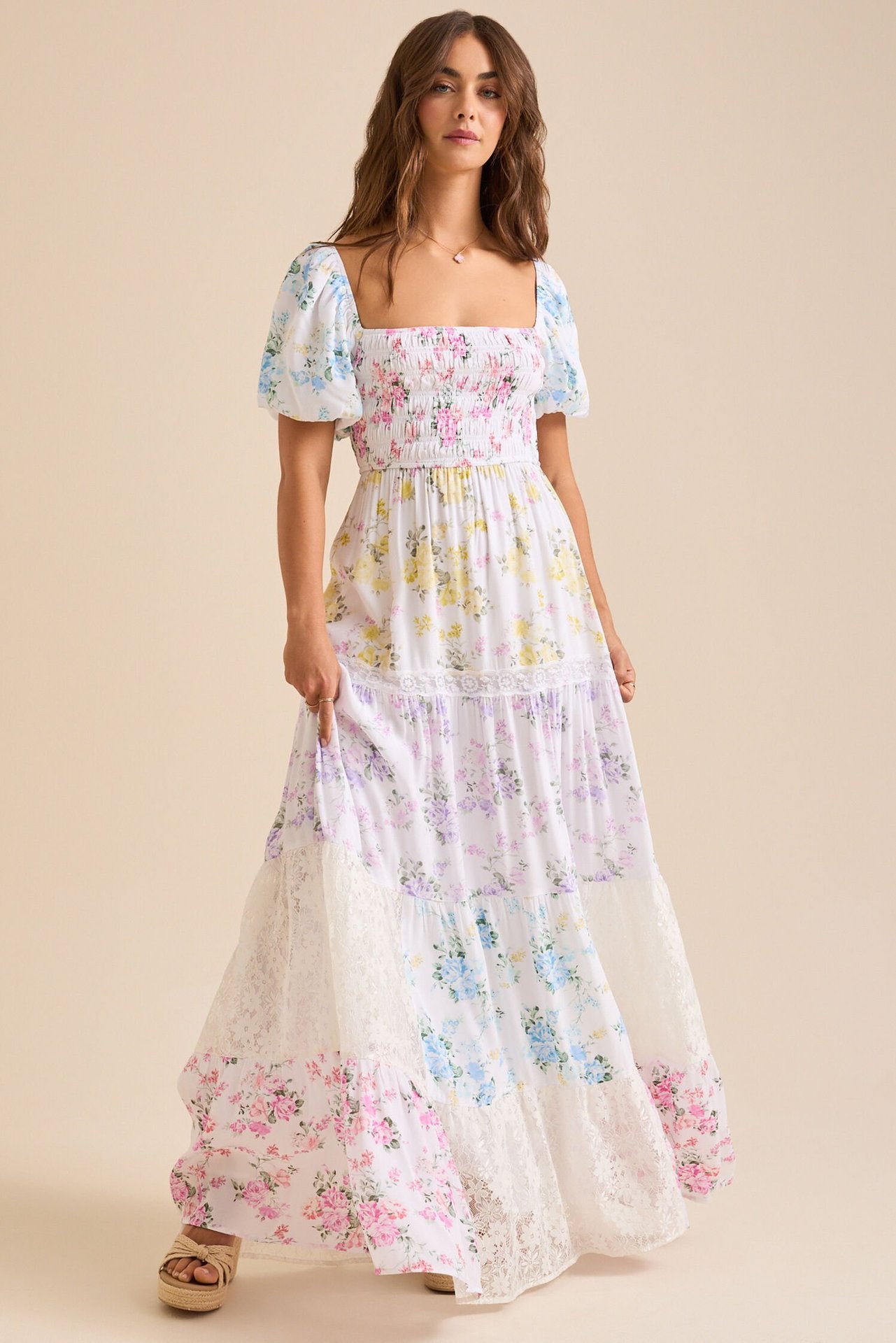 Puff-sleeved printed pleated lace strapless maxi dress