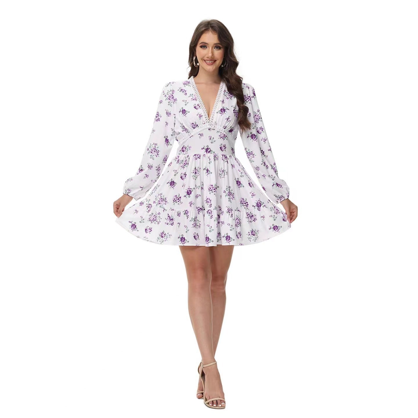 Printed V-neck puff sleeve lace mini dress