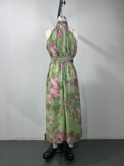 polly Green Floral Chiffon Halter Maxi Dress
