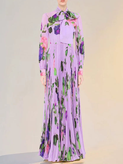 Purple floral print long-sleeved pleated maxi dress