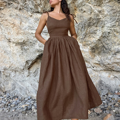 cotton linen backless strap midi dress