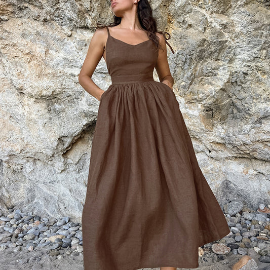 cotton linen backless strap midi dress