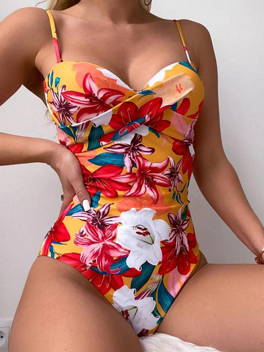 floral pleated strap bikini