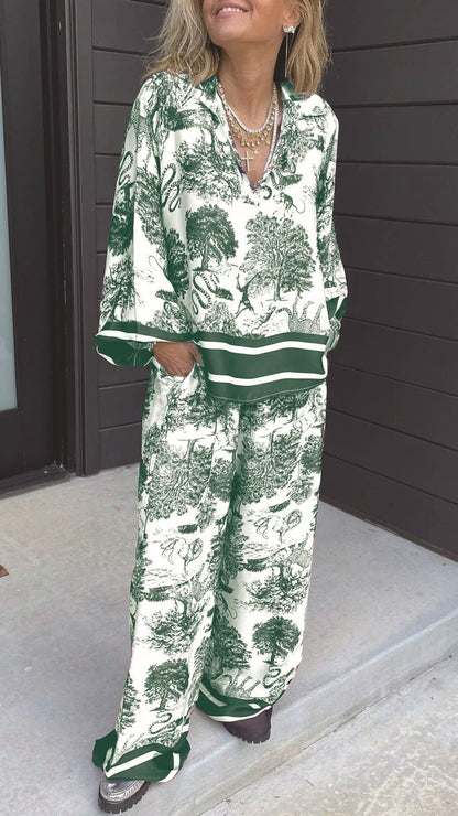 Casual V-Neck Printed Long-Sleeve Two-Piece Set with Pockets