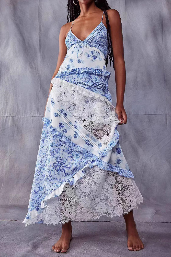 Hollow-out deep V-neck ruffled floral backless maxi dress
