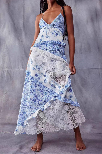 Hollow-out deep V-neck ruffled floral backless maxi dress