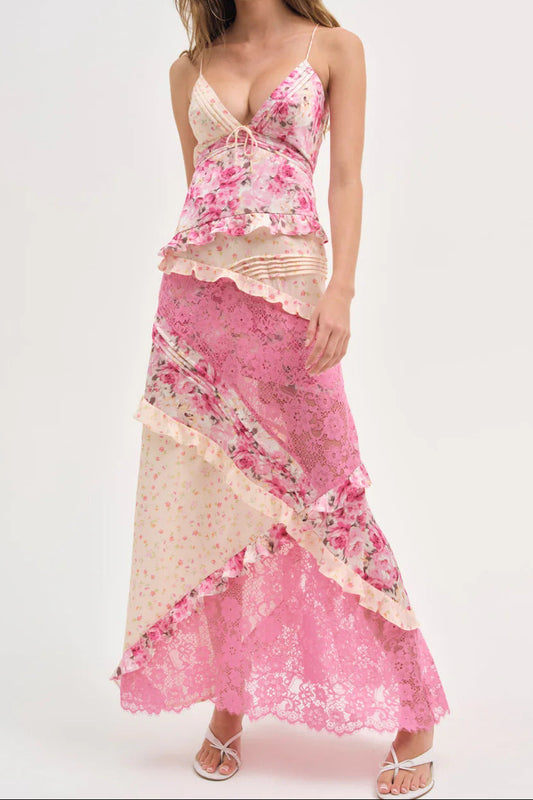 Hollow-out deep V-neck ruffled floral backless maxi dress