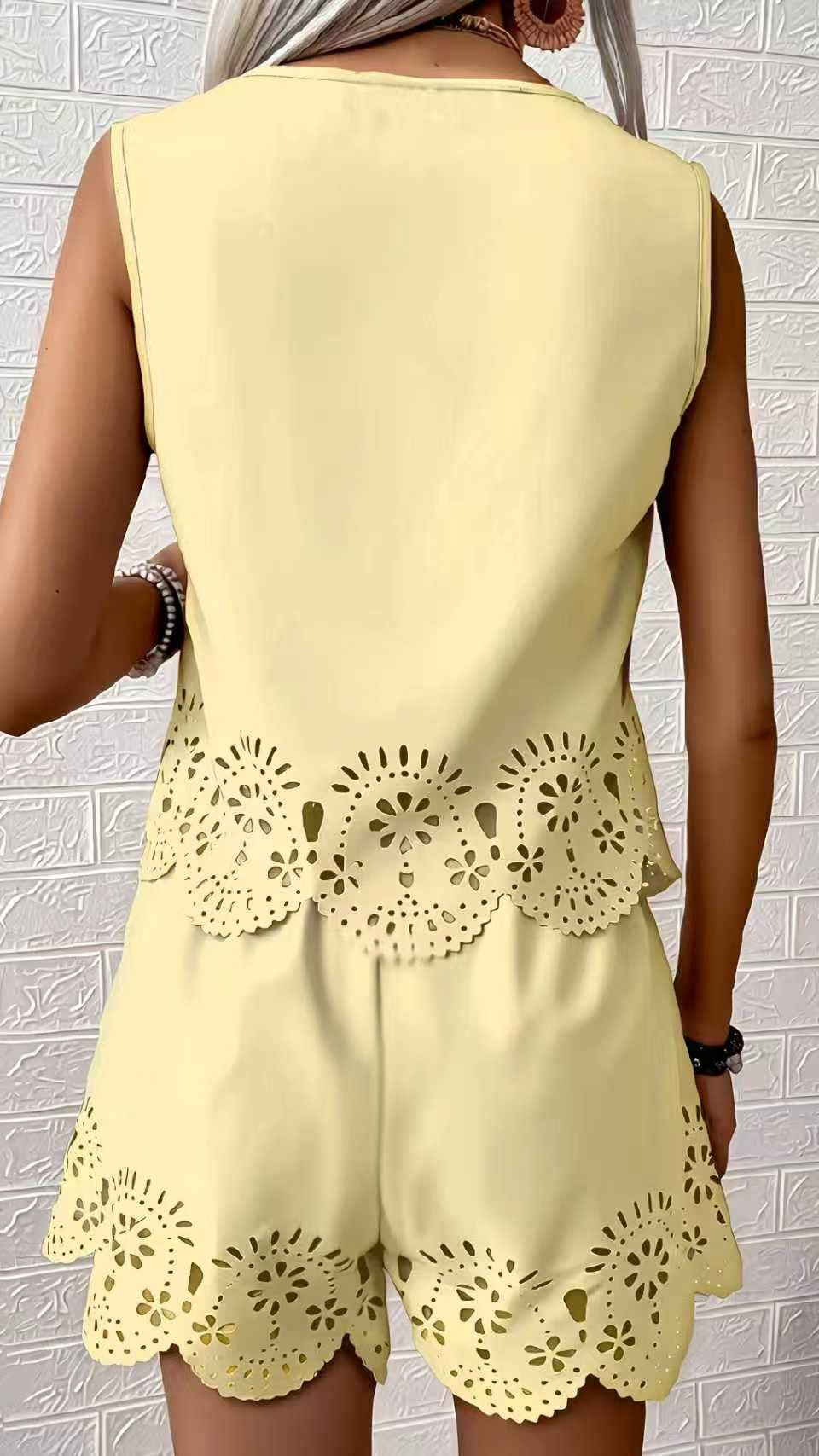 Elegant Hollow-Out Design Short-Sleeve Top and Shorts Two-Piece Set